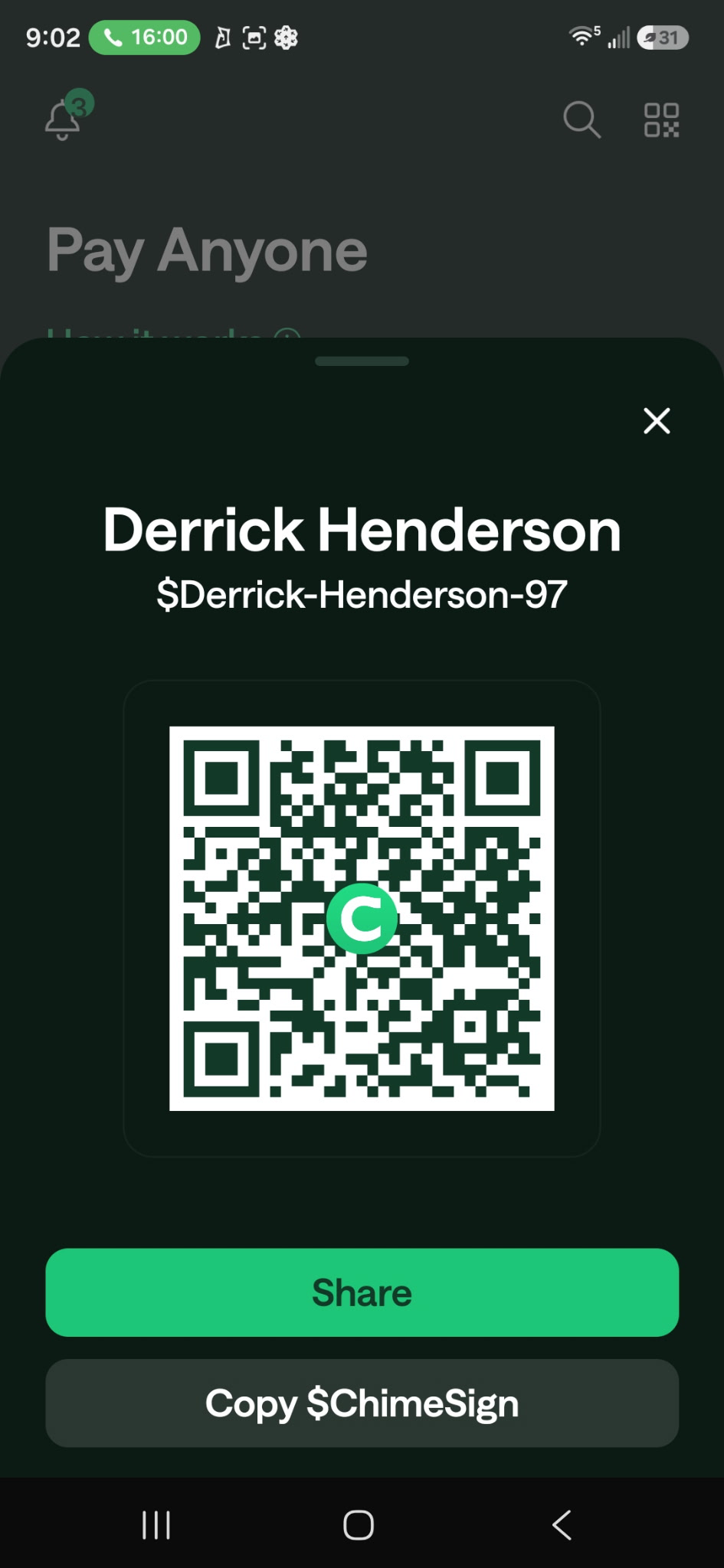 Chime payment QR code for Derrick Henderson