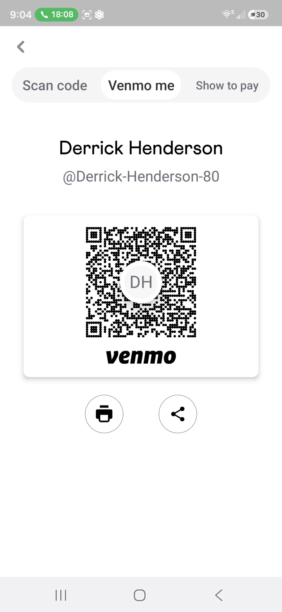 Venmo payment QR code for Derrick Henderson